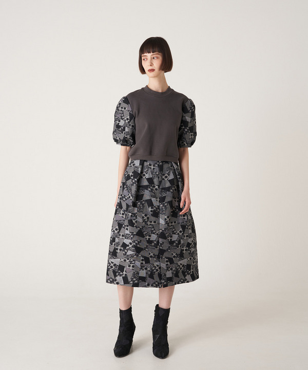 PATCHWORK JACQUARD TUCKED SKIRT 詳細画像 NAVY 8